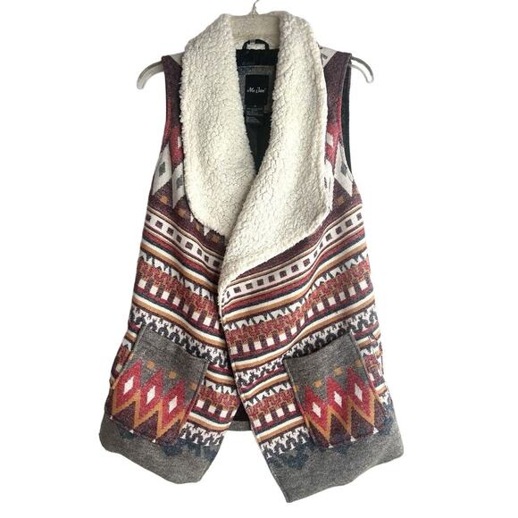 Me Jane Aztec Navajo Print Vest Womens Tag M Wool Blend Faux Fur Southwestern - Picture 1 of 16